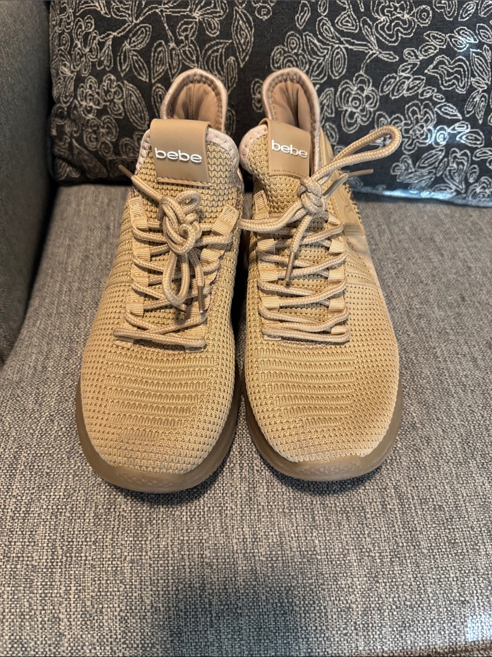 bebe Knit Lace-Up Sneakers in Tan